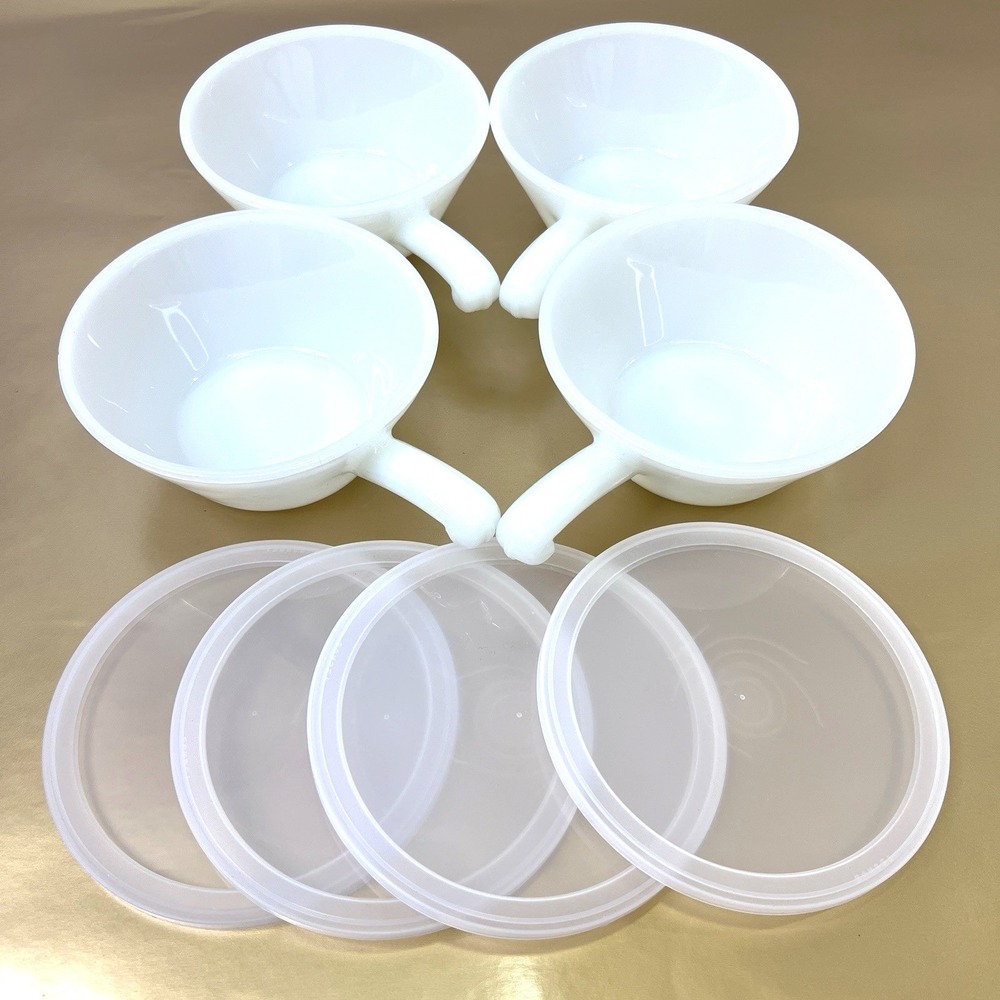 Fire King Anchor Hocking Milk Glass Soup Chili Bowls with Lids Set of 4